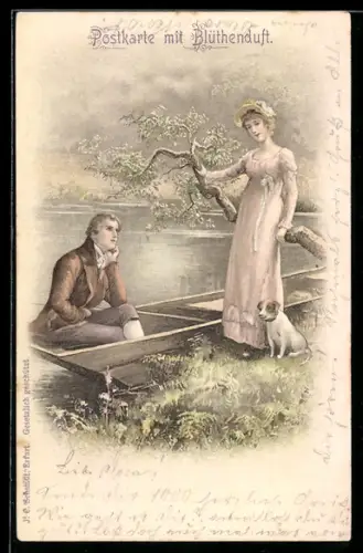 Duft-AK Paar mit Hund am Wasser, mit Blütenduft