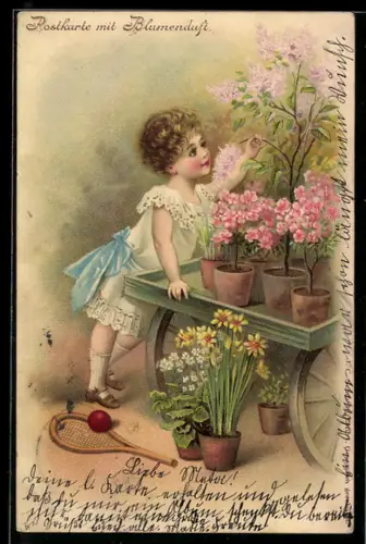 AK Mädchen mit Blumenwagen, Tennisschläger