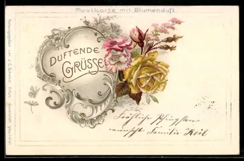 Duft-AK Duftende Grüsse, Blumenstrauss mit gelber Rose, mit Blumenduft