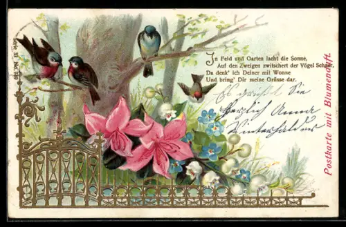 Duft-AK Vögel sitzen über Vergissmeinnicht auf einem Ast