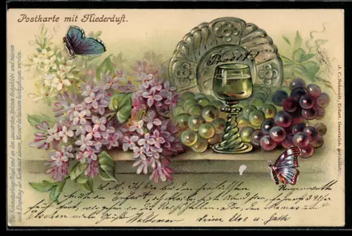 Duft-AK Weinglas mit Weintrauben und Schmetterlingen