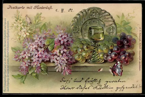 Duft-Lithographie Flieder und Weintrauben, Schmetterlinge