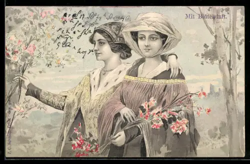 AK Zwei Damen mit Hüten und Blumen im Jugendstil