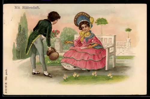 Duft-AK Junge mit Blumenstrauss vor einem Mädchen im Kleid