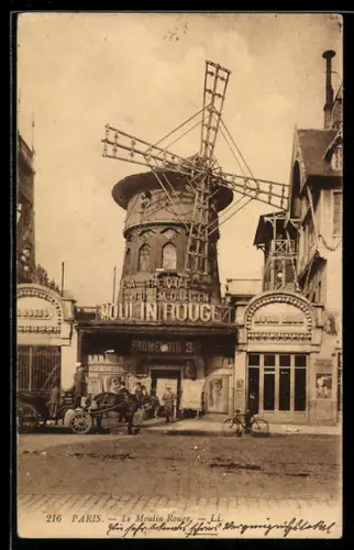 AK Paris, Moulin Rouge mit Radfahrer u. Pferdekutsche