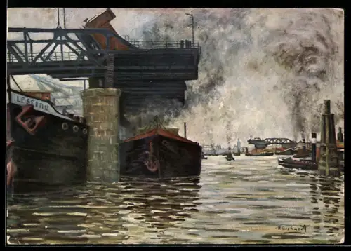 Künstler-AK Duisburg-Ruhrort, Hafenbecken A mit elektrischem Kohlenkipper