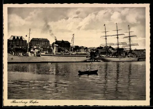 AK Flensburg, Hafenpanorama mit Dreimaster u. Dampfer