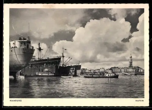 AK Hamburg, Hafenpartie mit Uferpanorama, Dampfer