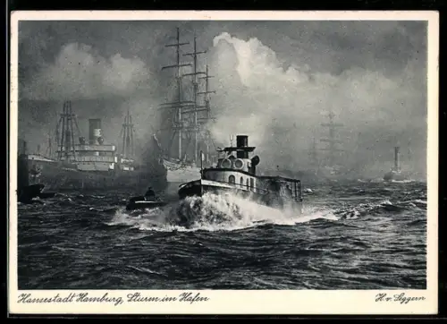AK Hamburg, Sturm im Hafen, Dampfer