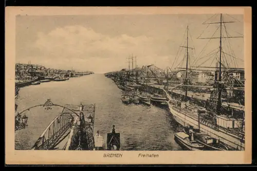 AK Bremen, Freihafen mit Brücke aus der Vogelschau