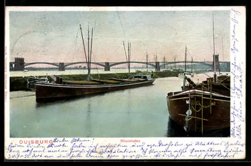 AK Duisburg, Rheinhafen mit Binnenschiffen