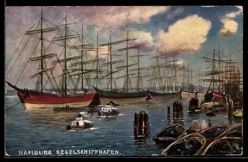 Künstler-AK Hamburg, Segelschiffhafen, Ruderboote
