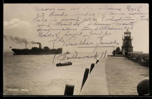 AK Emden, Mole, Dampfschiff, Leuchtturm