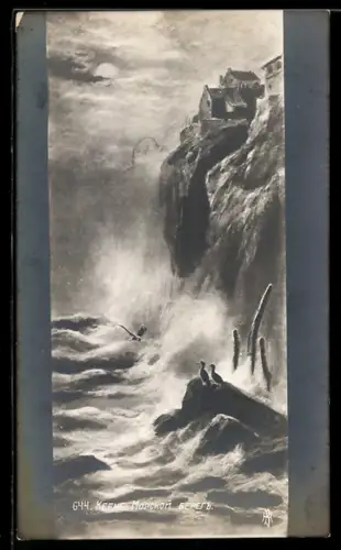 Künstler-AK Steilküste mit tosendem Wasser, Häuser, Möwen