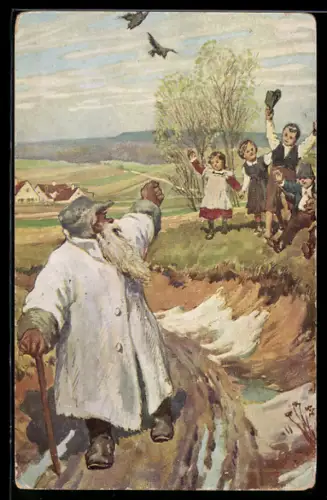 AK Allegorie Winters Abschied, Volkslied, der Winter verlässt das Dorf und die Kinder winken