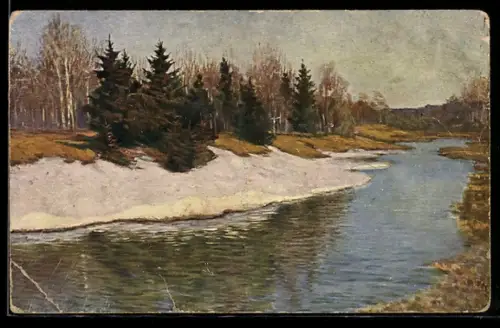 Künstler-AK Flusspartie mit Schneeresten und Tannen
