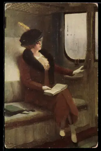 Künstler-AK Albert Guillaume: Lesende hübsche Frau im Zugabteil