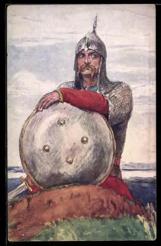 Künstler-AK Bildnis eines Ritters mit Schwert und Schild