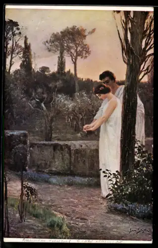 Künstler-AK sign. Jan Styka: Quo Vadis, Vinicius und Lygia im Garten des Linus