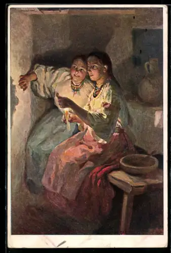 Künstler-AK Zwei Mädchen im Kerzenlicht