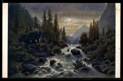 Künstler-AK Reissender Fluss und Haus bei Nacht