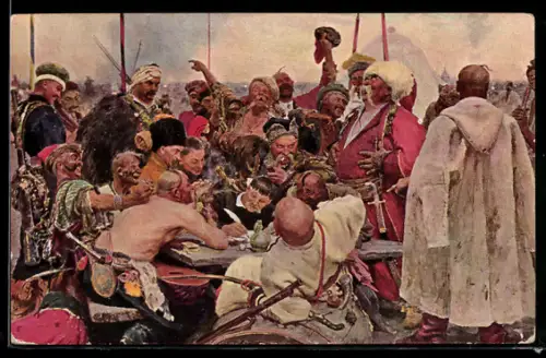 Künstler-AK sign. I.E. Repine: Les Zaporogues, Russische Kunst