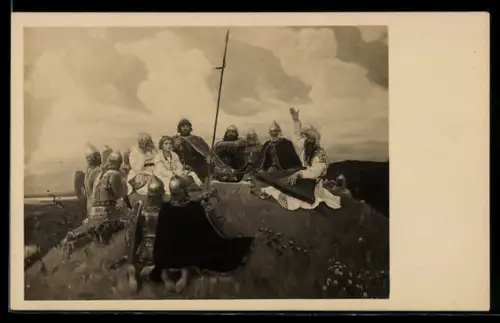 Künstler-AK Rittergruppe mit Mädchen auf einem Hügel