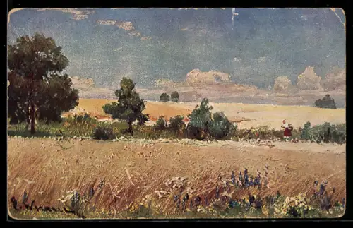 Künstler-AK Sommerliches Kornfeld mit Mädchen
