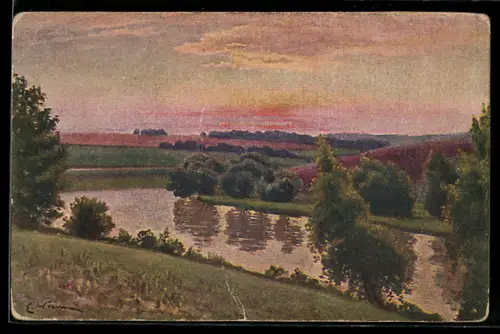 Künstler-AK Fluss in der Abendsonne