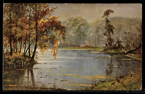 Künstler-AK Gewässer im Herbst