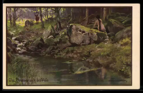 Künstler-AK Franz Jung-Ilsenheim: Im Sommerreich der Wala, Nackte am Waldbach