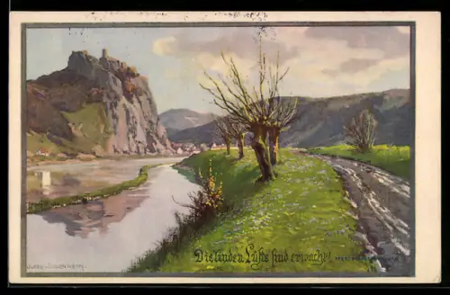 Künstler-AK Fr. Jung: Die linden Lüfte sind erwacht, Weg am Ufer