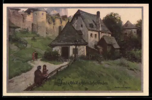 Künstler-AK Fr. Jung: Partie an einer Stadtmauer, Abendstimmung