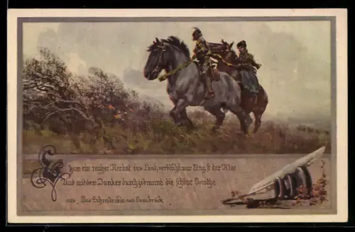 Künstler-AK Franz Jung-Ilsenheim: Reiter in Uniform mit umgekippten Tintenfass im Passepartout