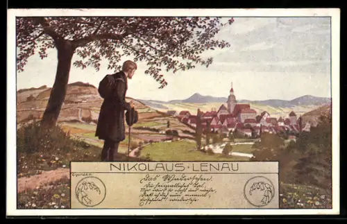Künstler-AK Ernst Kutzer: Wanderer steht auf einer Anhöhe und guckt auf eine Stadt
