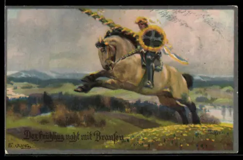 Künstler-AK Franz Jung-Ilsenheim: Ritter zu Pferde sprengt über die Frühlingswiese