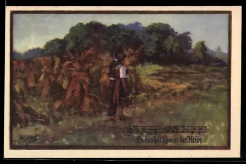 Künstler-AK Franz Jung-Ilsenheim: Wanderndes Paar mit Liedausschnitt, Es dunkelt schon in der Heide