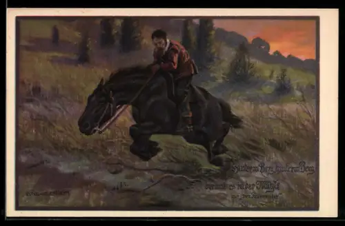 Künstler-AK Franz Jung-Ilsenheim: Hinterm Berg brennt es in der Mühle, Aus: Der Feuerreiter