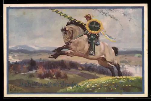 Künstler-AK Franz Jung-Ilsenheim: Ritter zu Pferde sprengt über die Frühlingswiese