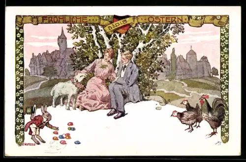 Künstler-AK Ernst Kutzer: Paar unter einer Birke mit Osterlamm