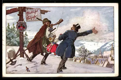 Künstler-AK Ernst Kutzer: Ostmark, Bund deutscher Österreicher, Glückliches Neujahr, Männer mit Mädchen