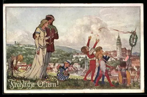 Künstler-AK Ernst Kutzer: Paar und Kinder auf einer Wiese zu Ostern