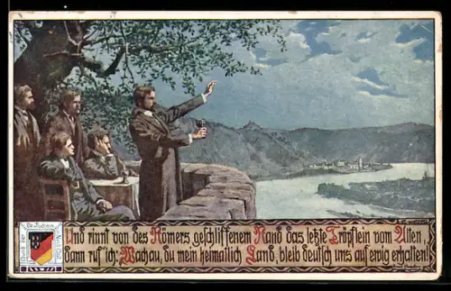 Künstler-AK Ernst Kutzer: Männer blicken auf Wachau und sprechen deutschen Schwur, Wappen