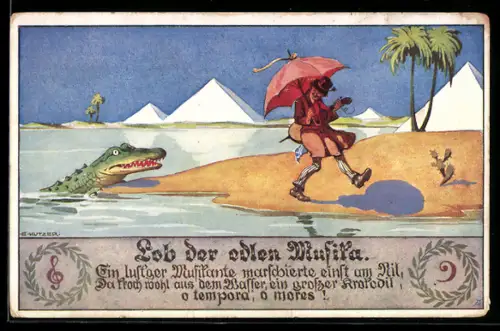 Künstler-AK Ernst Kutzer: Lob der edlen Musifa, Krokodil