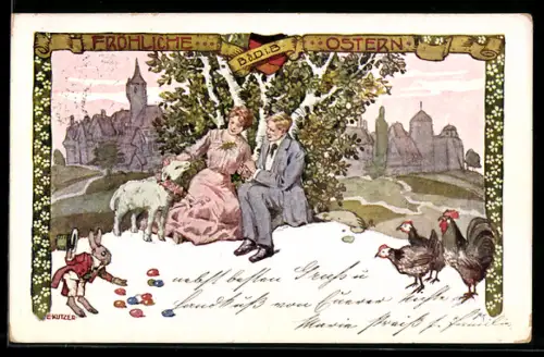 Künstler-AK Ernst Kutzer: Paar unter einer Birke mit Osterlamm