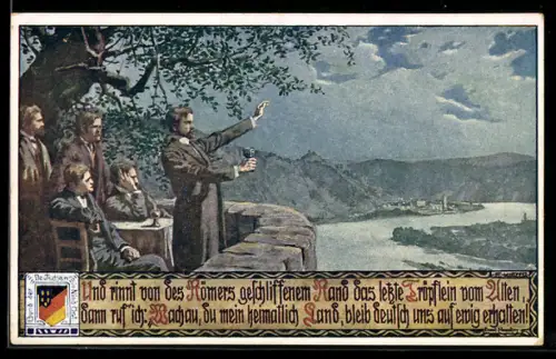 Künstler-AK Ernst Kutzer: Männer blicken auf Wachau und sprechen deutschen Schwur, Wappen