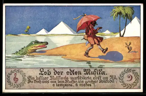 Künstler-AK Ernst Kutzer: Lob der edlen Musika, Musiker wird von Krokodil angeschaut
