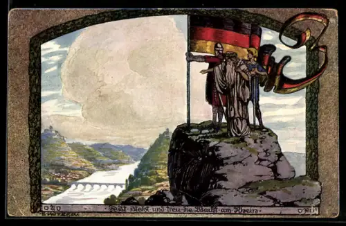 Künstler-AK Ernst Kutzer: Fest steht und treu die Wacht am Rhein, Krieger mit Fahne