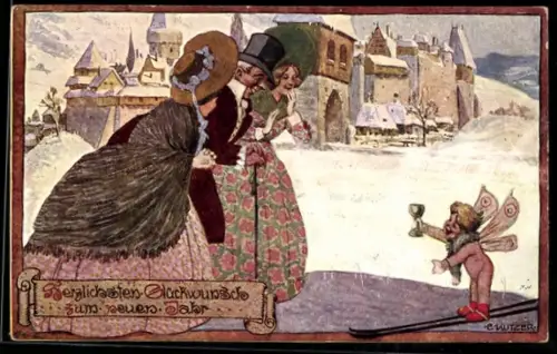 Künstler-AK Ernst Kutzer: Mann und seine Töchter treffen am Neujahrstag beim Spaziergang auf einen kleinen Engel