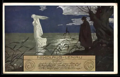 Künstler-AK Ernst Kutzer: Junger Mann sieht einen Geist auf dem See